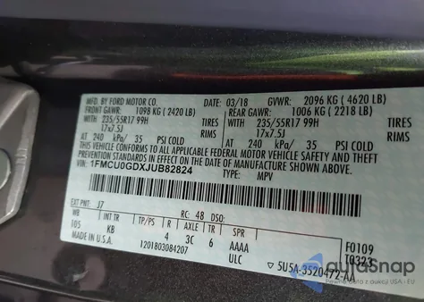 2018 Ford Escape Se z USA, uszkodzony, nr VIN 1FMCU0GDXJUB82824
